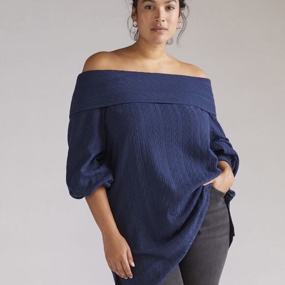 Anthropologie Sweaters - Anthropologie Navy Blue Cableknit Off The Shoulder Sweater Plus Size 1X